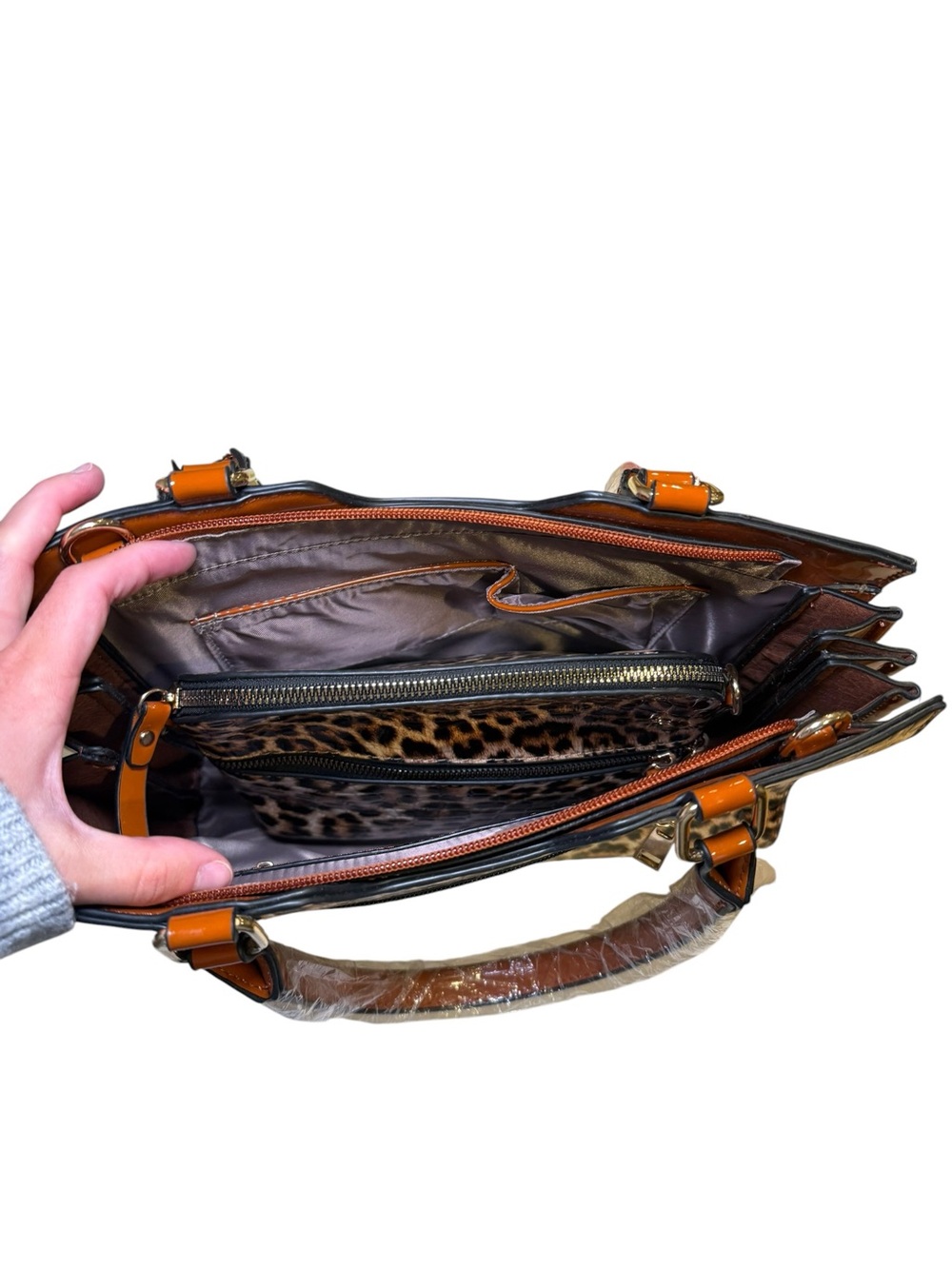 NWT Vegan Patent Leather Leopard Print Satchel Handbag - Picture 10 of 14